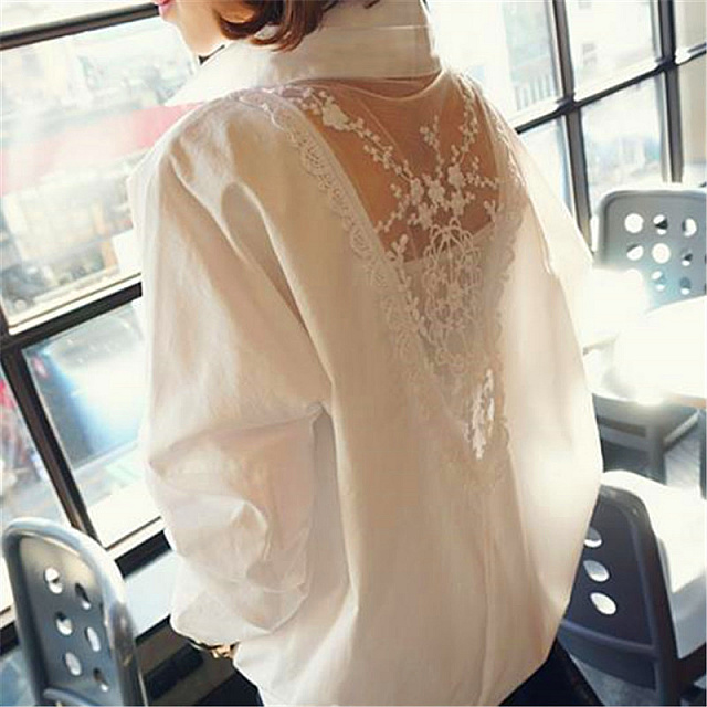 V-neck ladies lace shirt-White